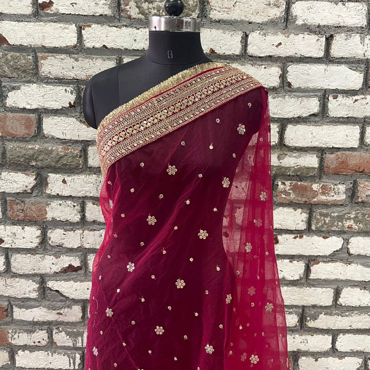 anokherang Dupattas Bridal Khoobsurat Magenta Embroidered Sequin Net Dupatta