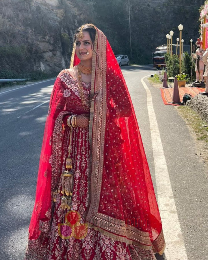 anokherang Dupattas Bridal Khoobsurat Red Embroidered Fringed Organza Dupatta