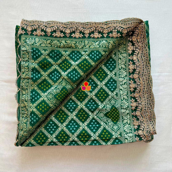 anokherang Dupattas Bridal Khubsurat Green Georgette Banarsi Bandhej Zari Embroidered Dupatta