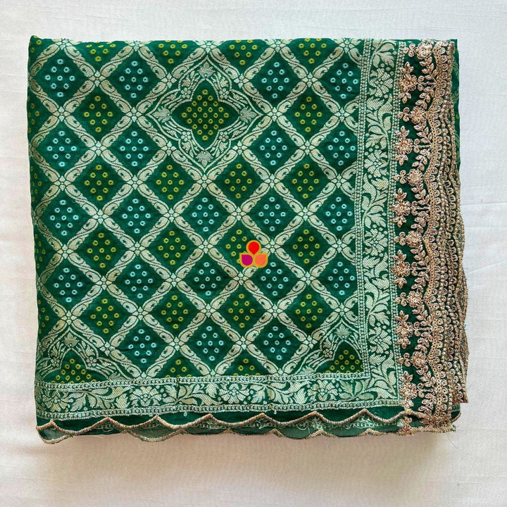 anokherang Dupattas Bridal Khubsurat Green Georgette Banarsi Bandhej Zari Embroidered Dupatta