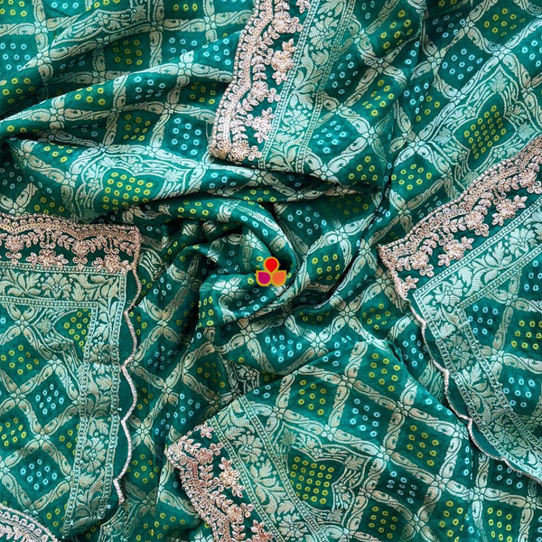 anokherang Dupattas Bridal Khubsurat Green Georgette Banarsi Bandhej Zari Embroidered Dupatta