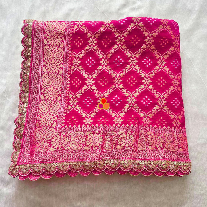 anokherang Dupattas Bridal Khubsurat Pink Georgette Banarsi Bandhej Zari Embroidered Dupatta