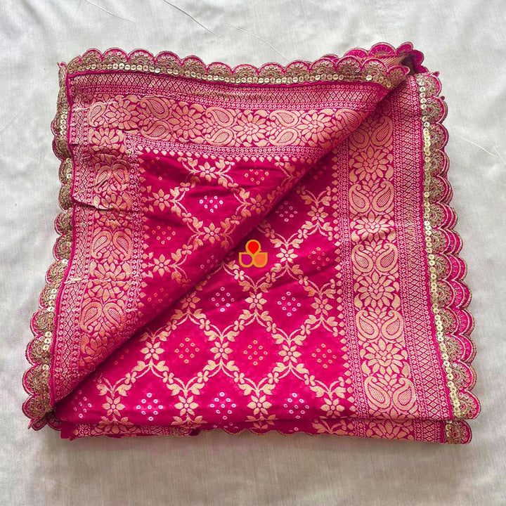 anokherang Dupattas Bridal Khubsurat Pink Georgette Banarsi Bandhej Zari Embroidered Dupatta