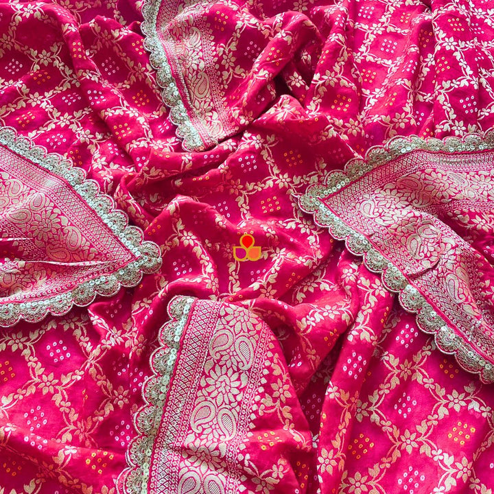 anokherang Dupattas Bridal Khubsurat Pink Georgette Banarsi Bandhej Zari Embroidered Dupatta