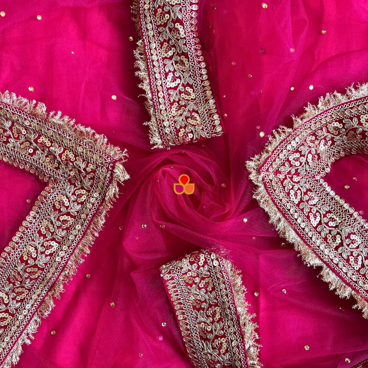 anokherang Dupattas Bridal Magenta Chaandni Zari Embroidered Net Dupatta (Name, Hashtags, Date, Message to your loved one etc.) up to 12 characters