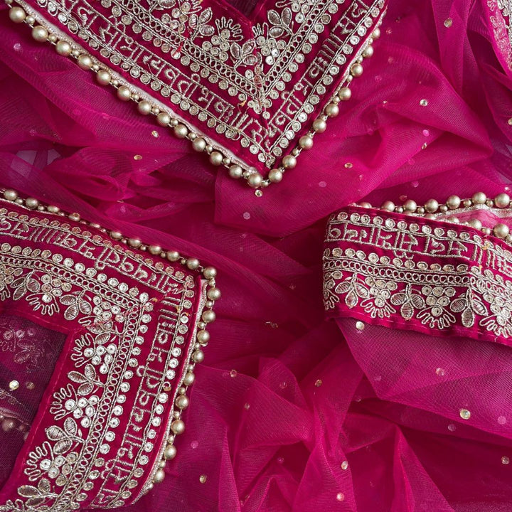 anokherang Dupattas Bridal Magenta Stone Saubhaugyavati Embroidered Net Dupatta