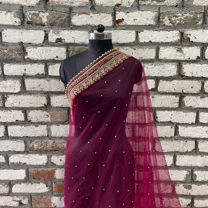 anokherang Dupattas Bridal Magenta Stone Saubhaugyavati Embroidered Net Dupatta