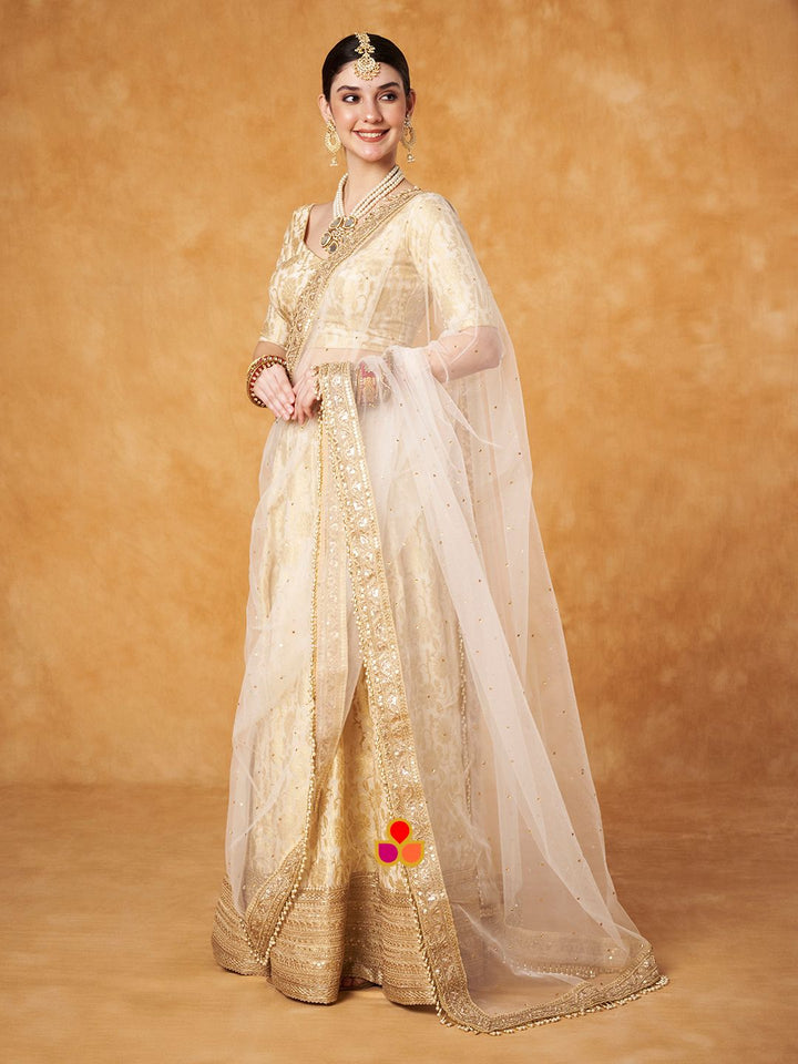 anokherang Dupattas Bridal Magic Ivory Festive Embroidered Pearl Net Dupatta