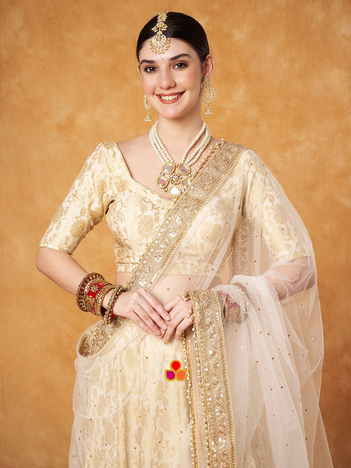 anokherang Dupattas Bridal Magic Ivory Festive Embroidered Pearl Net Dupatta