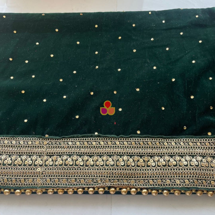 anokherang Dupattas Bridal Maharani Green Stone Zari Embroidered Velvet Dupatta