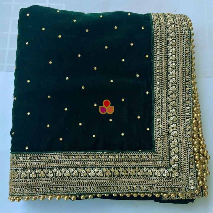 anokherang Dupattas Bridal Maharani Green Stone Zari Embroidered Velvet Dupatta