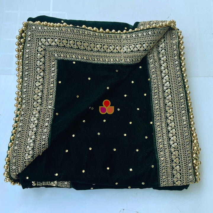 anokherang Dupattas Bridal Maharani Green Stone Zari Embroidered Velvet Dupatta