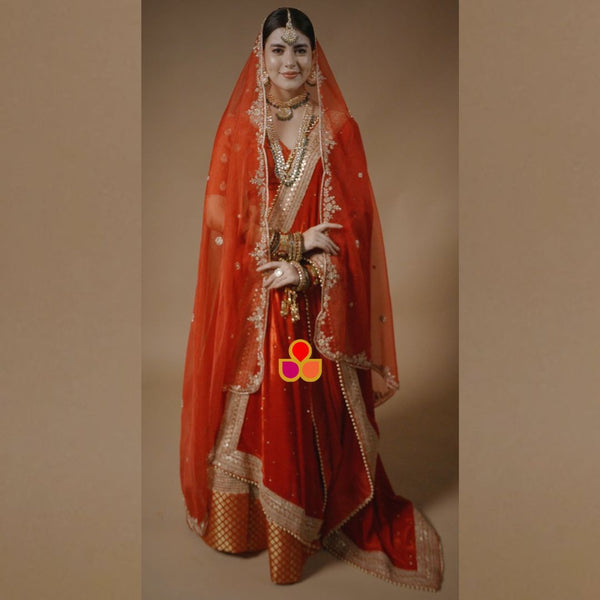 anokherang Dupattas Bridal Maharani Red Stone Embroidered Velvet & Bridal Afreen Red Hand Embroidered Organza Dupatta Combo