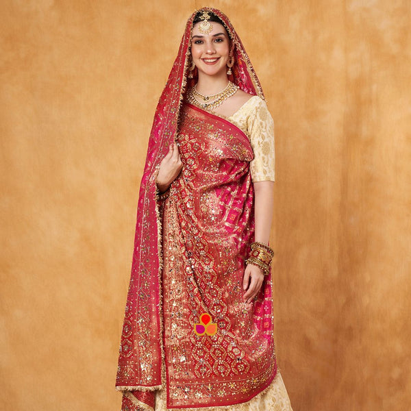 anokherang Dupattas Bridal Mahjabeen Pink and Red Shaded Mirror Work Embroidered Banarasi Bandhej Silk Dupatta