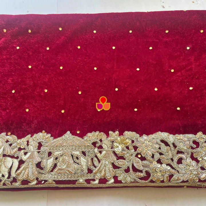 anokherang Dupattas Bridal Mahnoor Maroon Zari Embroidered Velvet Dupatta