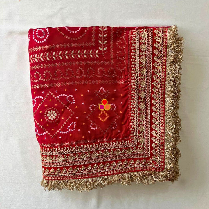 anokherang Dupattas Bridal Majestic Red Bandhej Embroidered Silk Dupatta