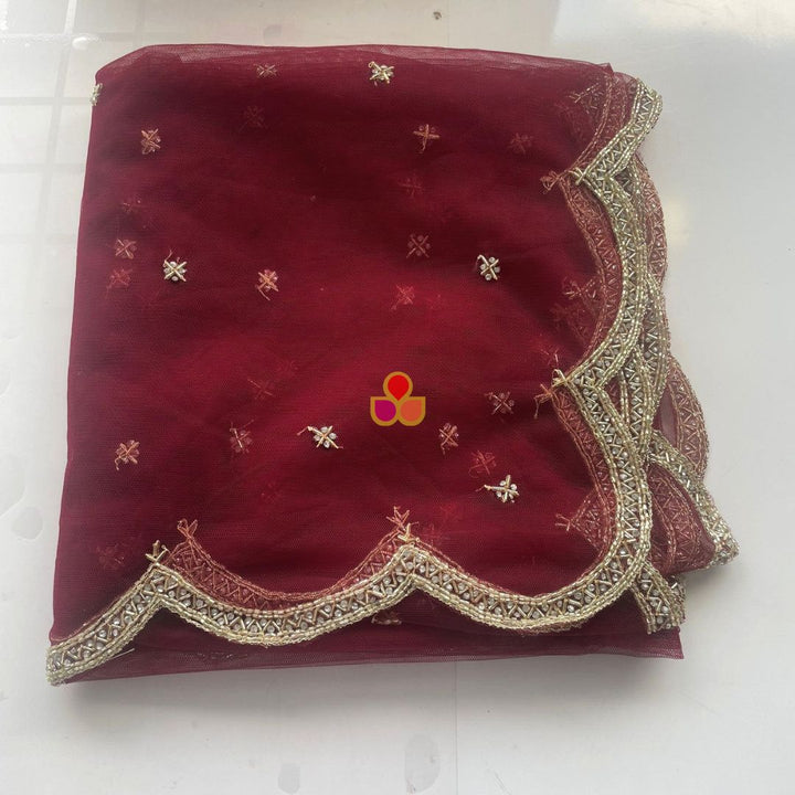 anokherang Dupattas Bridal Maroon Beauty Hand Embroidered Scalloped Net Dupatta