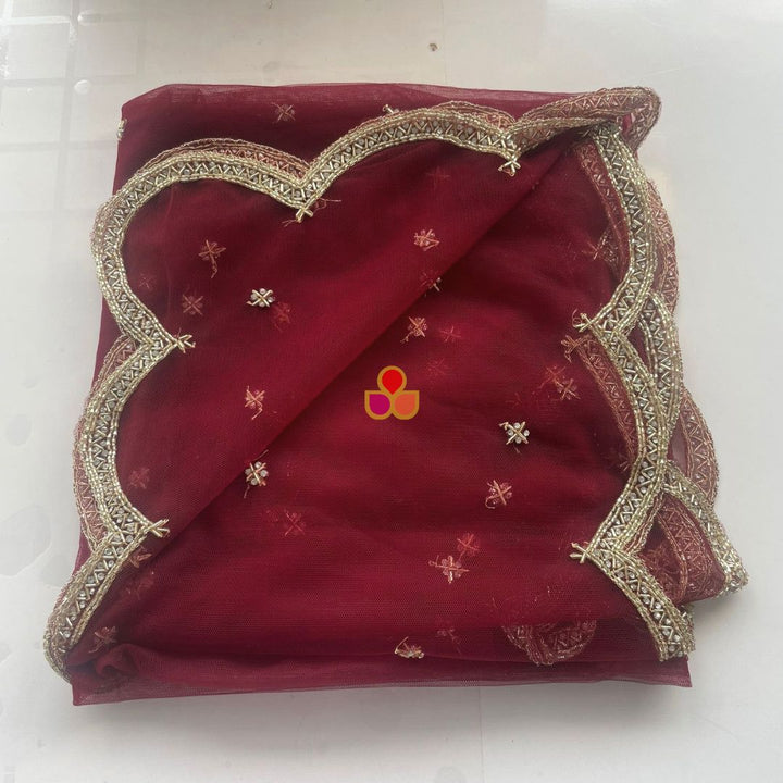 anokherang Dupattas Bridal Maroon Beauty Hand Embroidered Scalloped Net Dupatta