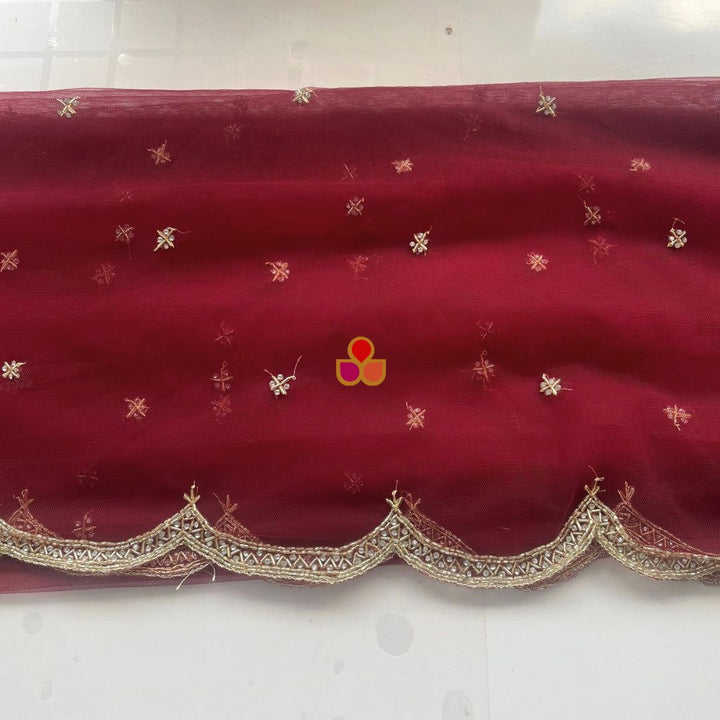 anokherang Dupattas Bridal Maroon Beauty Hand Embroidered Scalloped Net Dupatta