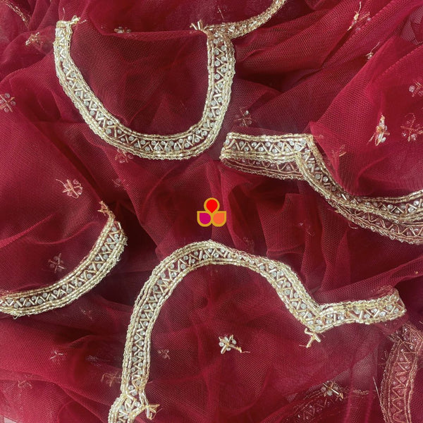 anokherang Dupattas Bridal Maroon Beauty Hand Embroidered Scalloped Net Dupatta