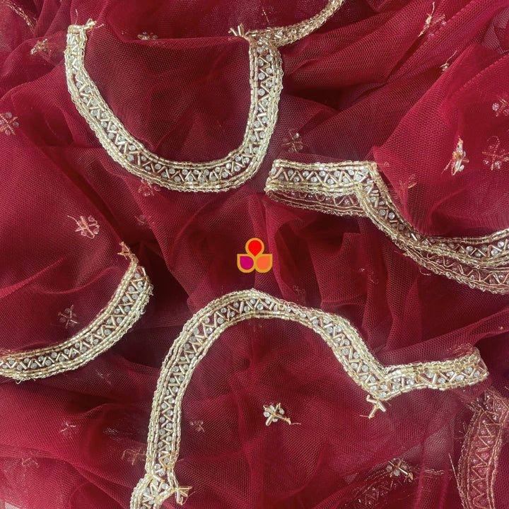anokherang Dupattas Bridal Maroon Beauty Hand Embroidered Scalloped Net Dupatta