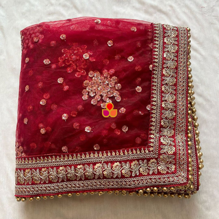 anokherang Dupattas Bridal Maroon Festive Net Sequin Dupatta