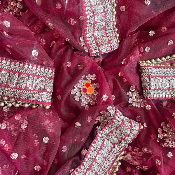 anokherang Dupattas Bridal Maroon Festive Net Sequin Dupatta