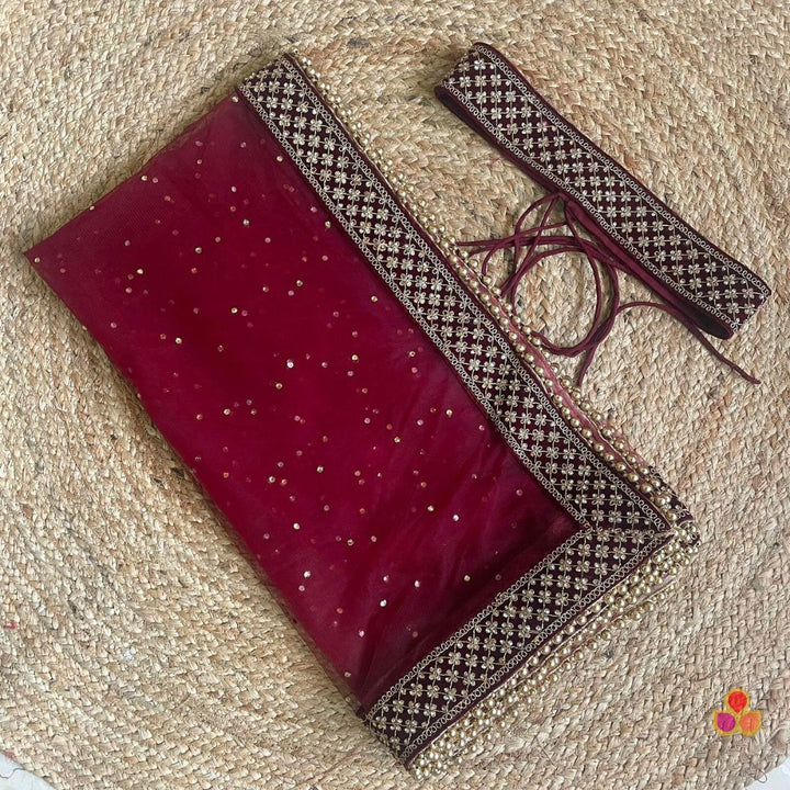 anokherang Dupattas Bridal Maroon Jewel Embroidered Stone Net Dupatta with Waist Belt