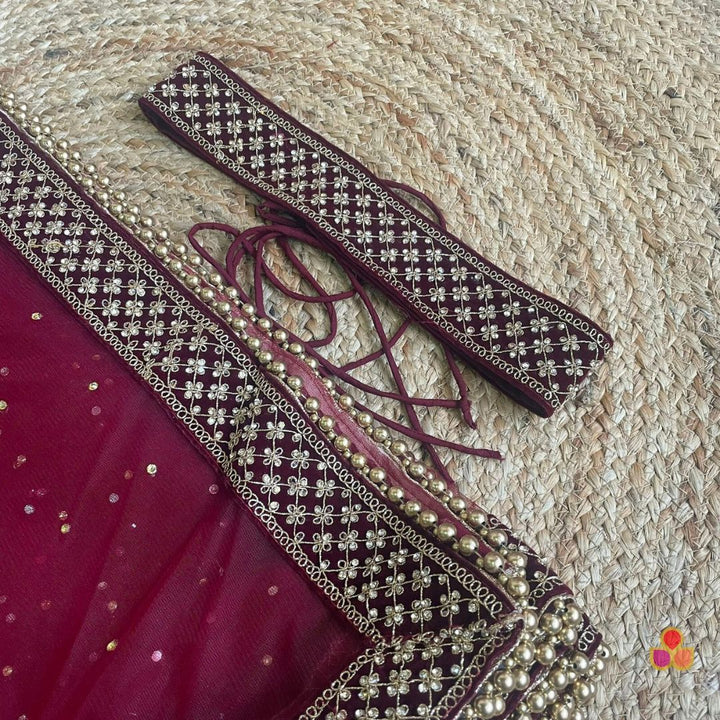 anokherang Dupattas Bridal Maroon Jewel Embroidered Stone Net Dupatta with Waist Belt