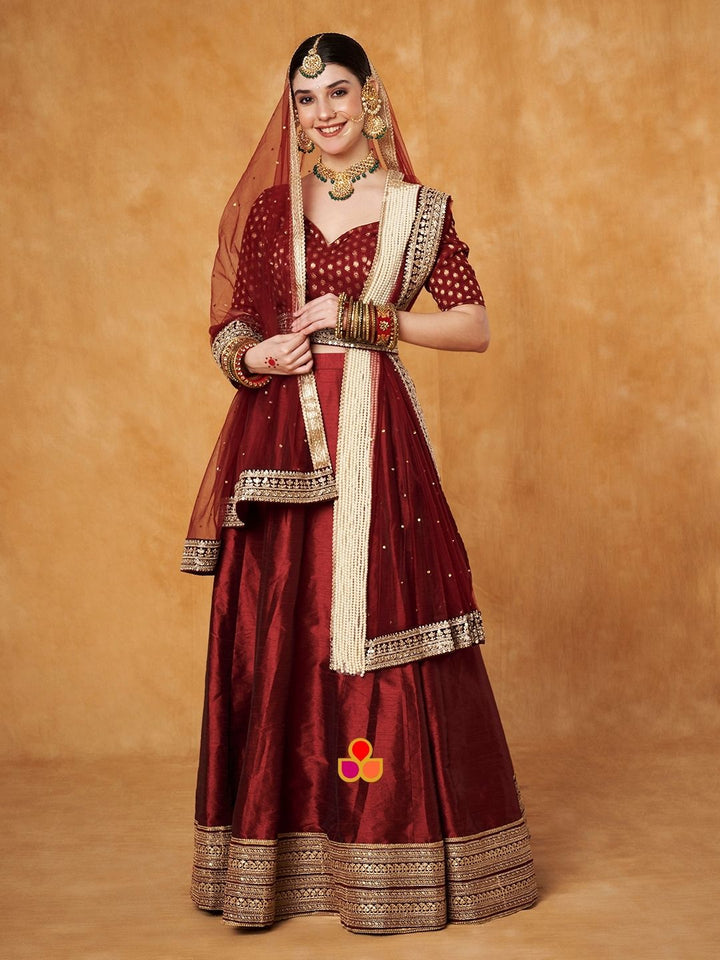 anokherang Dupattas Bridal Maroon Net stone  and Pearl Hand Embroidered Dupatta