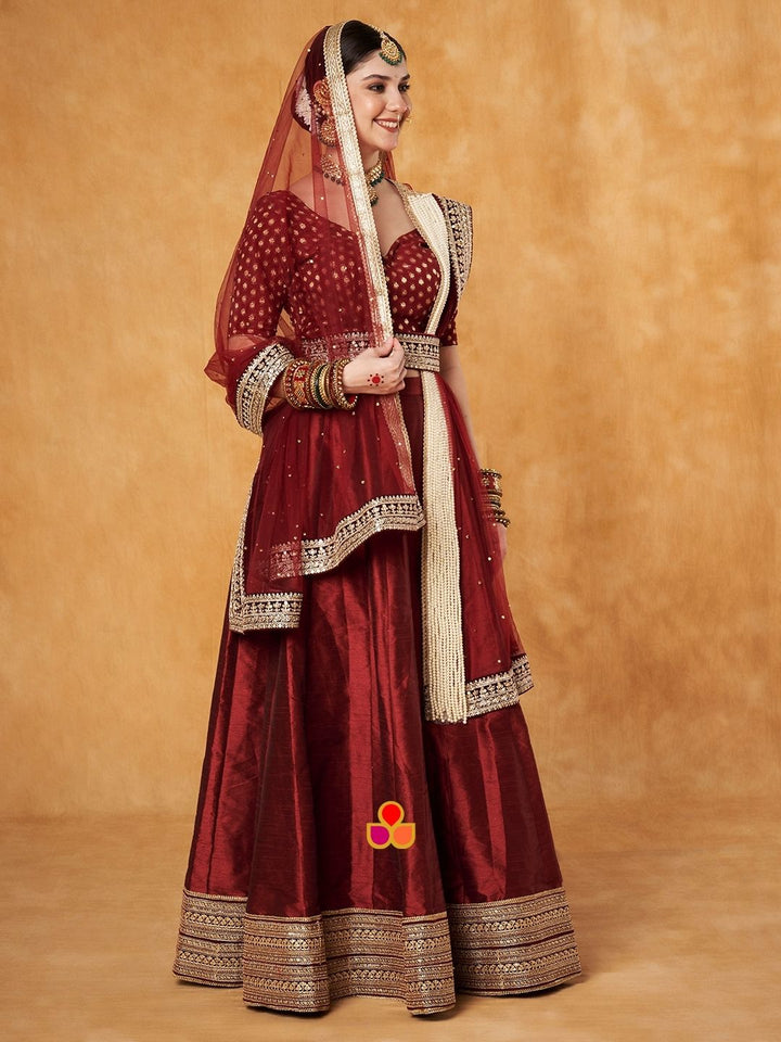anokherang Dupattas Bridal Maroon Net stone  and Pearl Hand Embroidered Dupatta