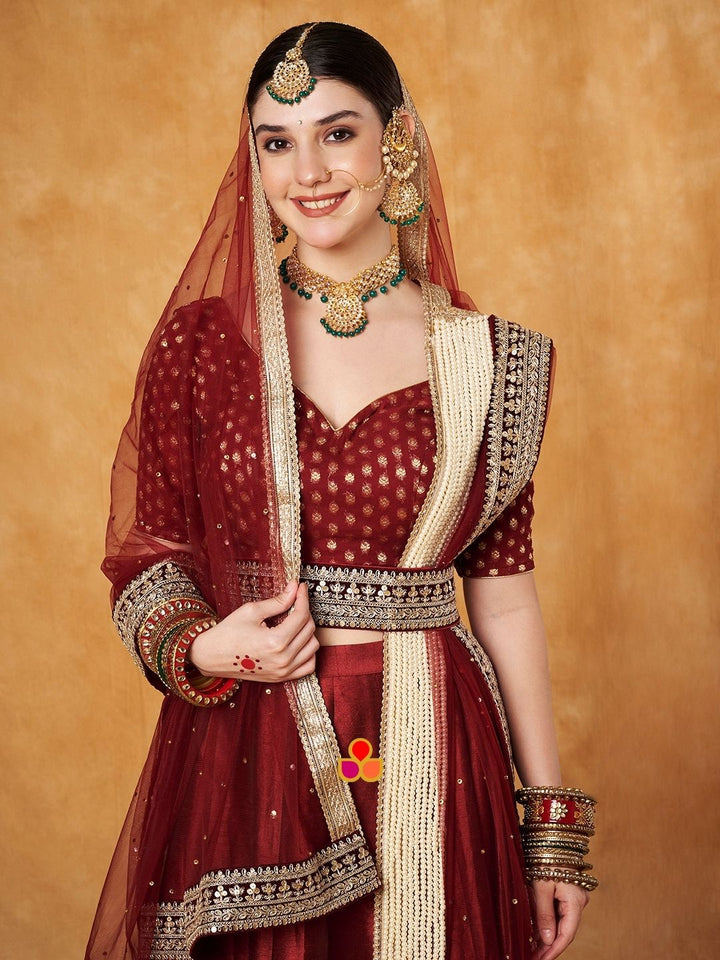 anokherang Dupattas Bridal Maroon Net stone  and Pearl Hand Embroidered Dupatta