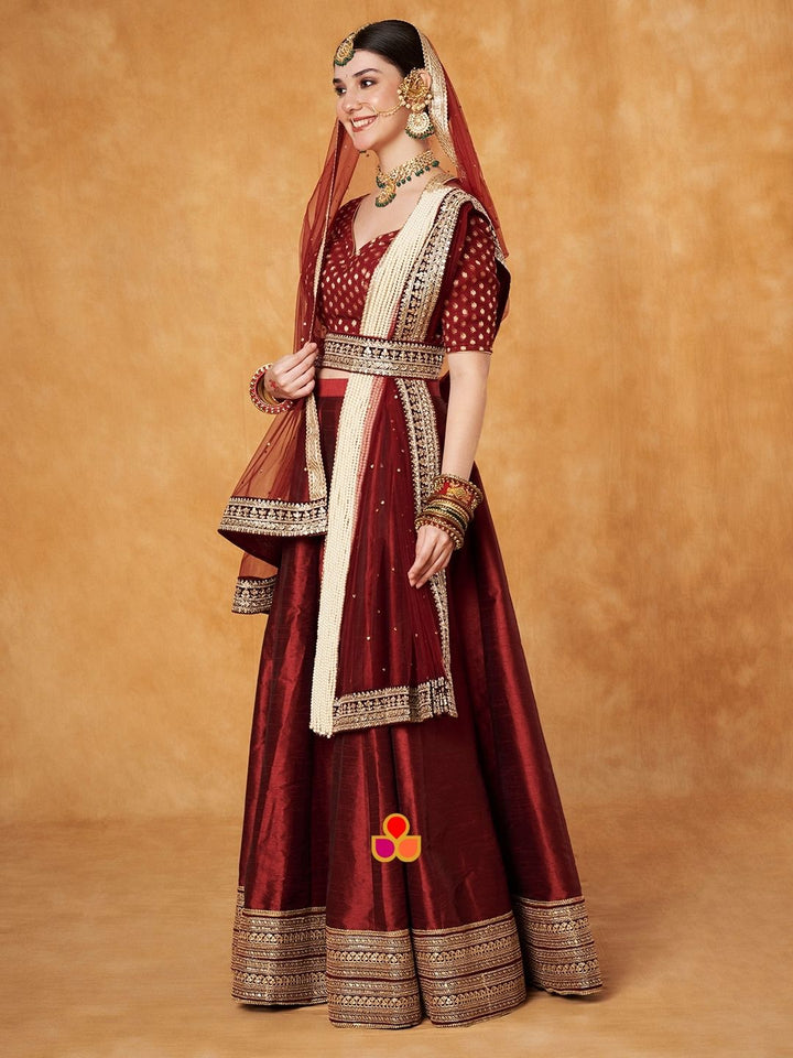 anokherang Dupattas Bridal Maroon Net stone  and Pearl Hand Embroidered Dupatta