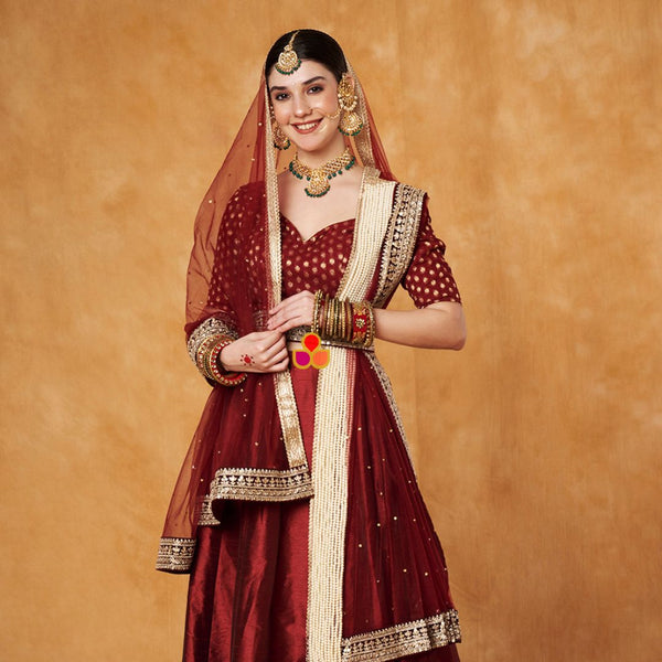 anokherang Dupattas Bridal Maroon Net stone  and Pearl Hand Embroidered Dupatta
