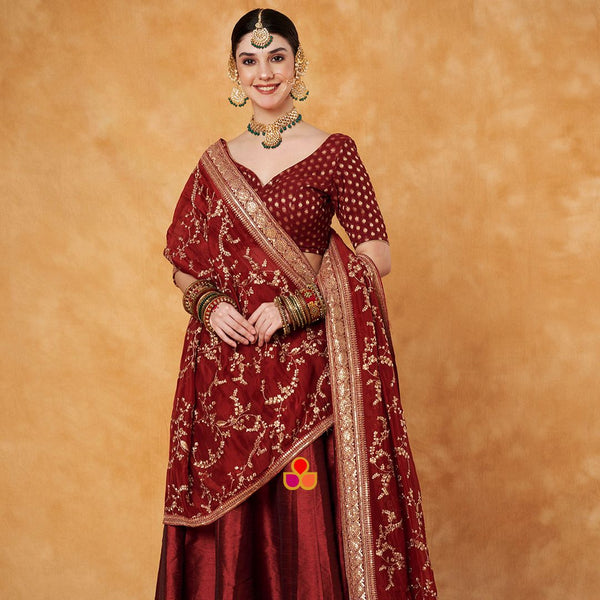 anokherang Dupattas Bridal Maroon Regal Zari Embroidered Chinnon Dupatta