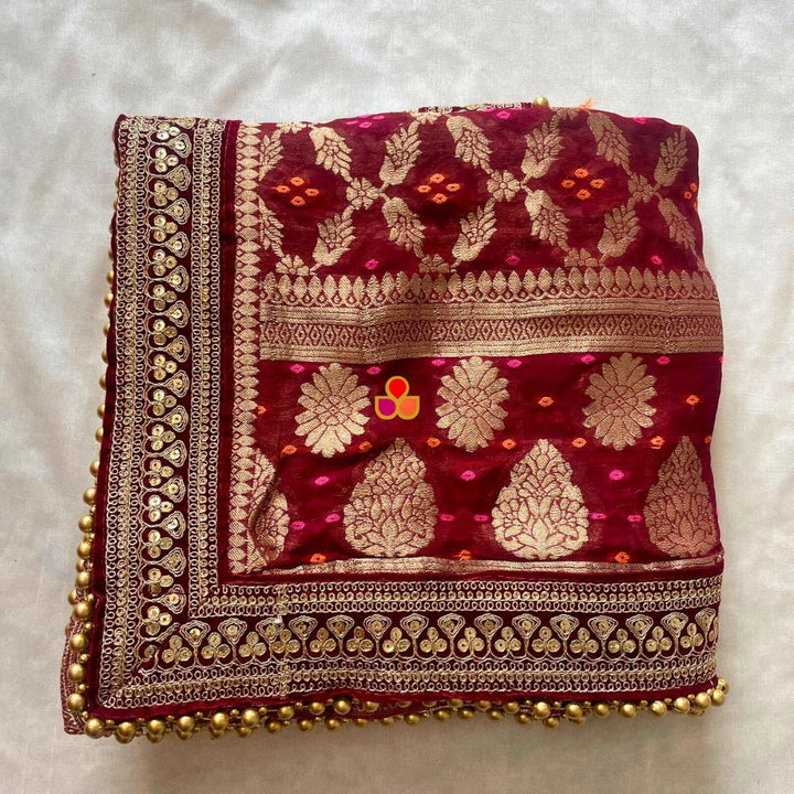 anokherang Dupattas Bridal Maroon Royale Georgette Banarasi Embroidered Dupatta