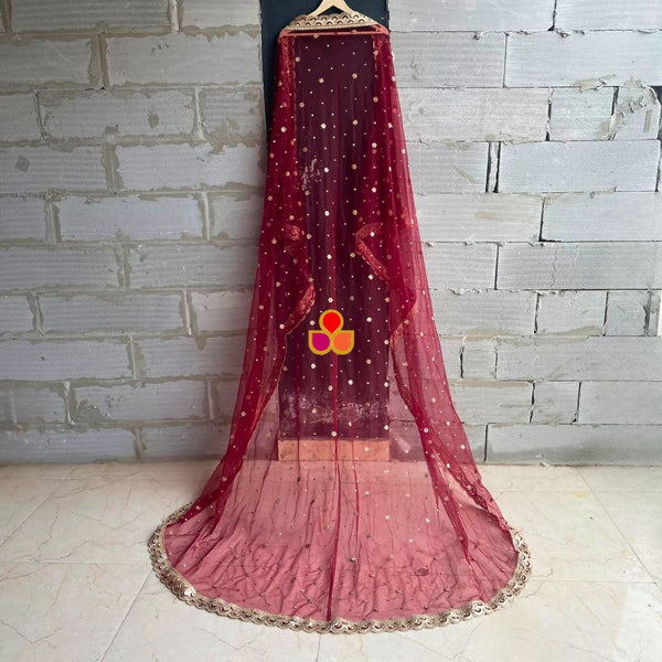 anokherang Dupattas Bridal Maroon Royale Sequin Scalloped Net Dupatta
