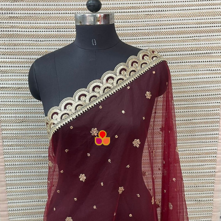 anokherang Dupattas Bridal Maroon Royale Sequin Scalloped Net Dupatta