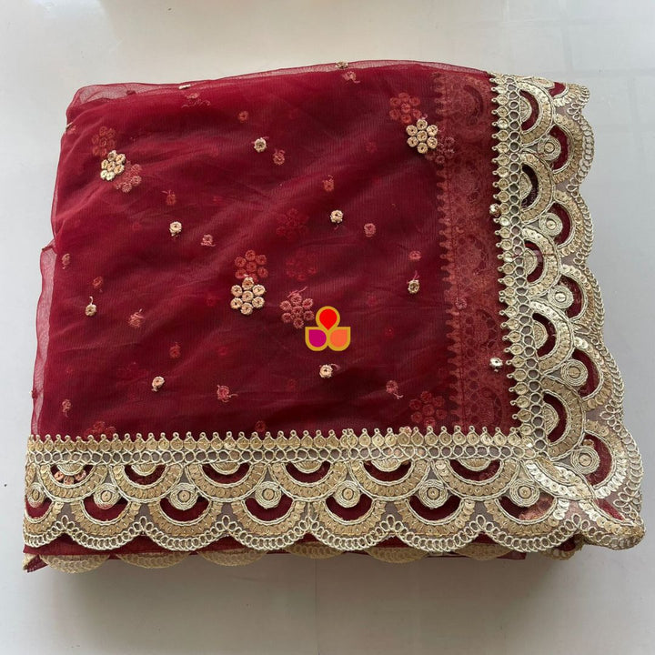anokherang Dupattas Bridal Maroon Royale Sequin Scalloped Net Dupatta