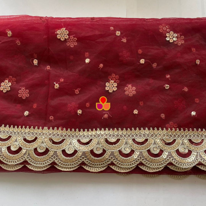 anokherang Dupattas Bridal Maroon Royale Sequin Scalloped Net Dupatta