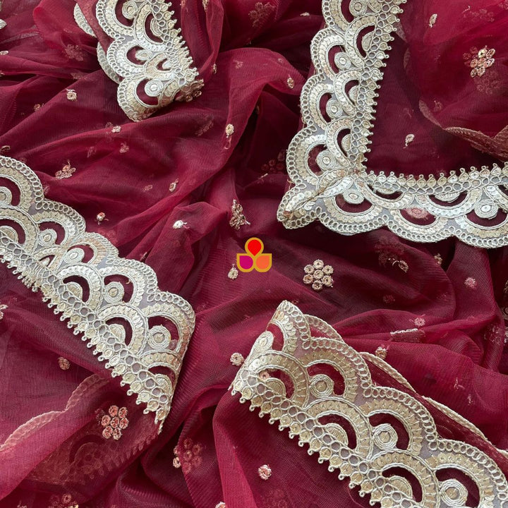 anokherang Dupattas Bridal Maroon Royale Sequin Scalloped Net Dupatta