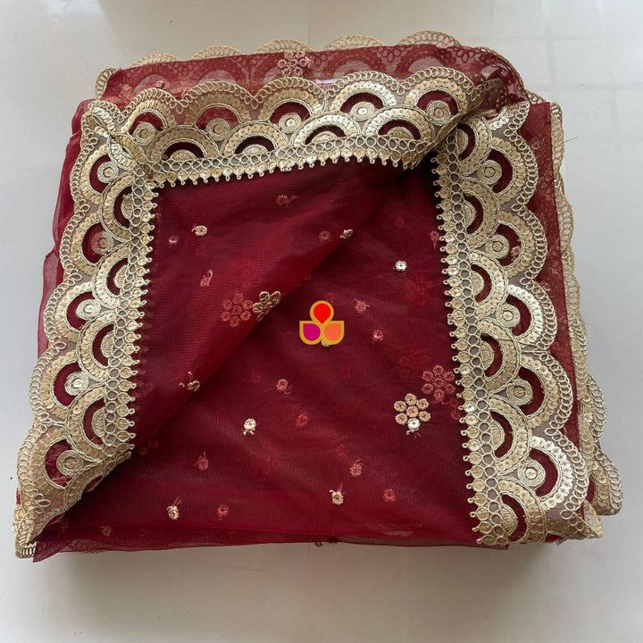 anokherang Dupattas Bridal Maroon Royale Sequin Scalloped Net Dupatta