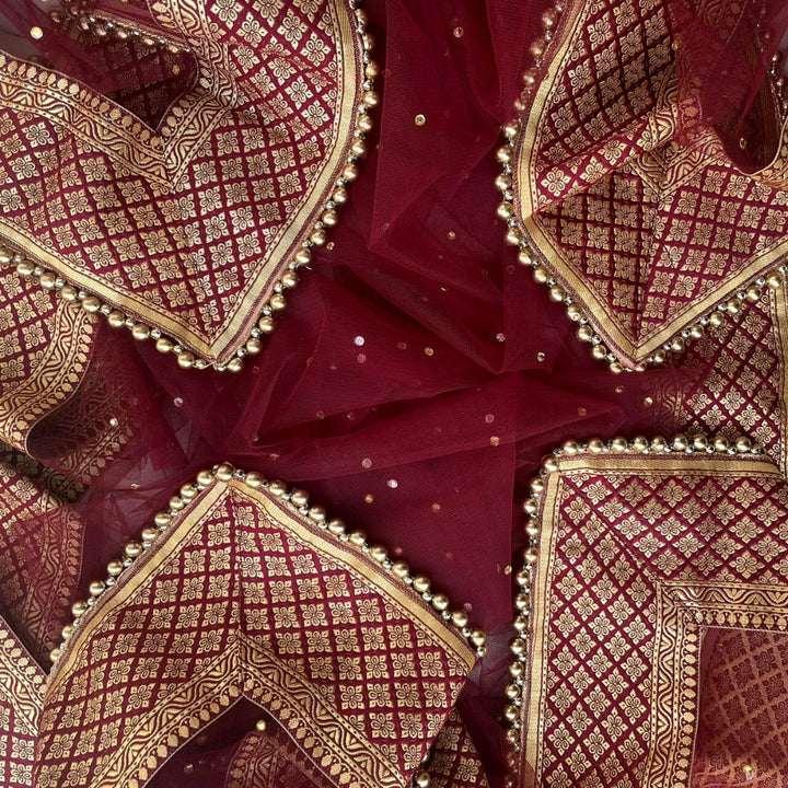 anokherang Dupattas Bridal Mastani Maroon Net Stone Banarasi Border Dupatta