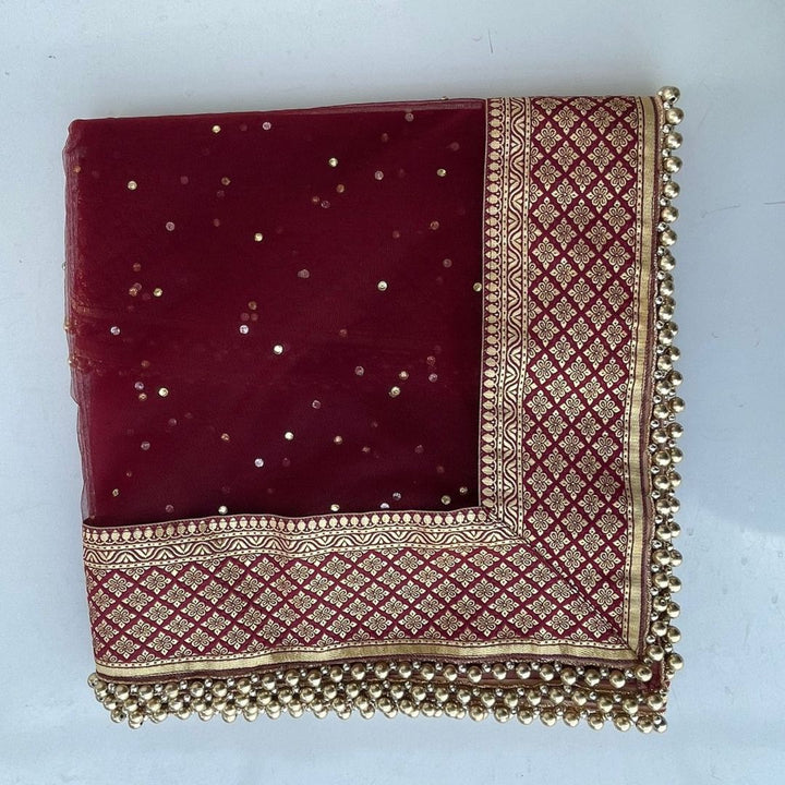 anokherang Dupattas Bridal Mastani Maroon Net Stone Banarasi Border Dupatta