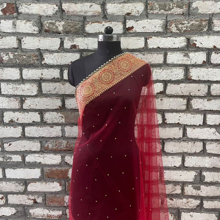 anokherang Dupattas Bridal Mastani Red Net Stone Banarasi Border Dupatta
