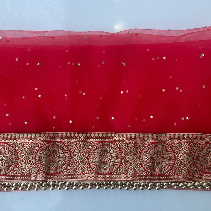 anokherang Dupattas Bridal Mastani Red Net Stone Banarasi Border Dupatta