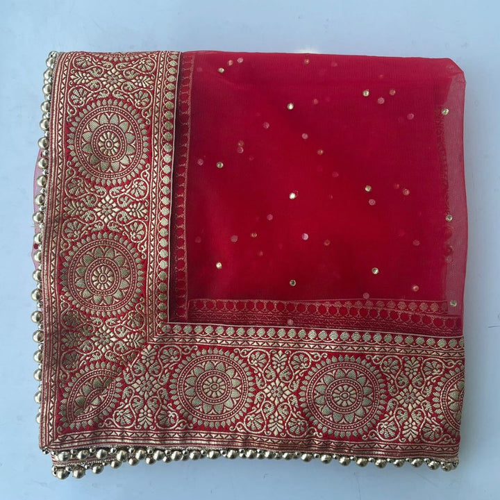 anokherang Dupattas Bridal Mastani Red Net Stone Banarasi Border Dupatta