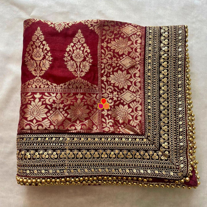 anokherang Dupattas Bridal Meera Maroon Silk Banarsi Embroidered Dupatta