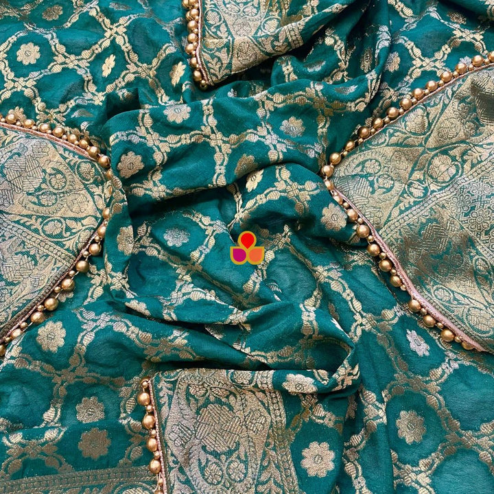 anokherang Dupattas Bridal Meera Teal Green Georgette Banarsi Embroidered Dupatta