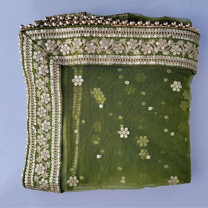 anokherang Dupattas Copy of Bridal Mehendi Green with Sequin Embroidered Net Dupatta